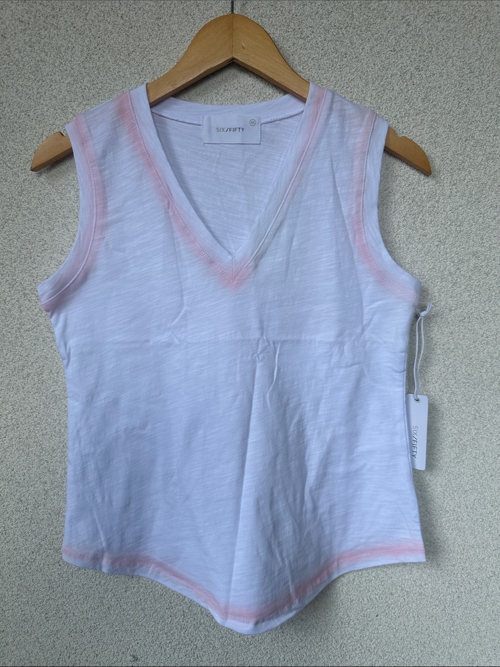 Six/Fifty White V-Neck Tank | Pink Contrast Trim | Sleeveless | NWT, XS